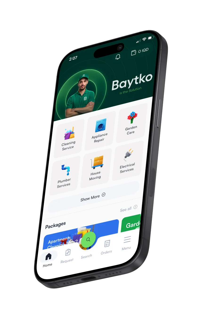 The Baytko home screen on an iPhone, listing cleaning, appliance repair, garden care and other services