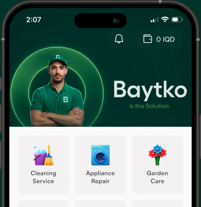 The top of the Baytko home screen on an iPhone: the Baytko banner and the first row of services