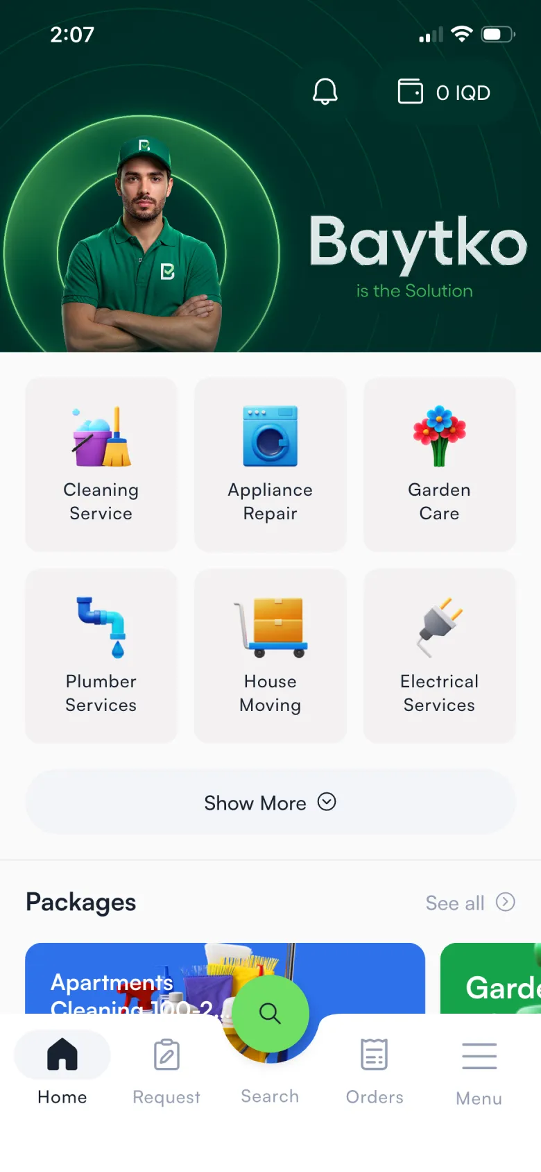 The Baytko home screen in English, with cleaning, appliance repair, garden care and other services, and a row of packages