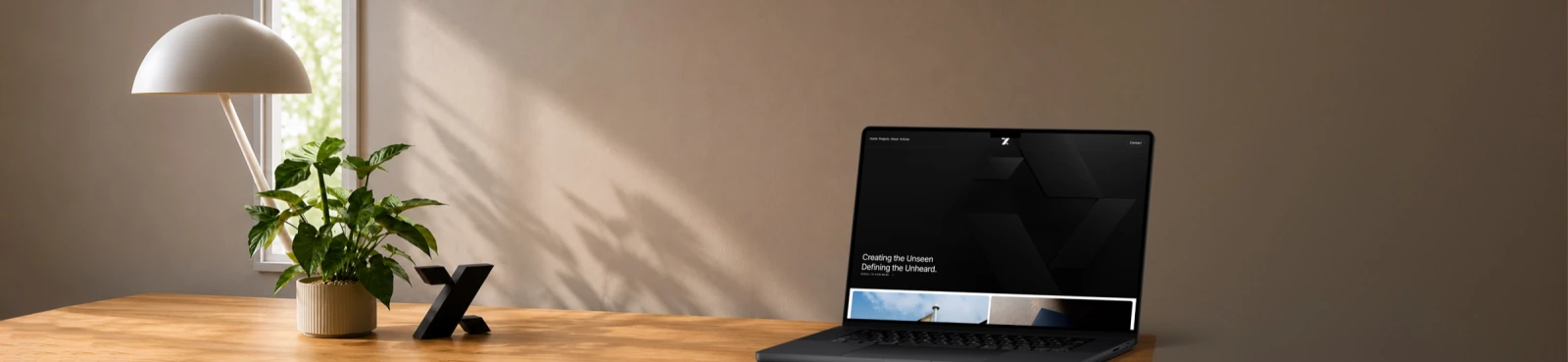 A laptop on a sunlit desk showing an XCreative site, beside a lamp and a plant